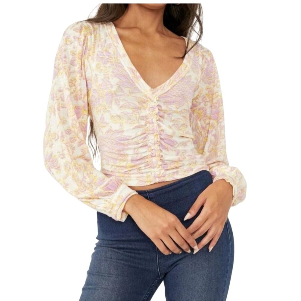 Free People Say The Word Ruched Ivory Combo Long-Sleeve V-Neck Top X-Small‎